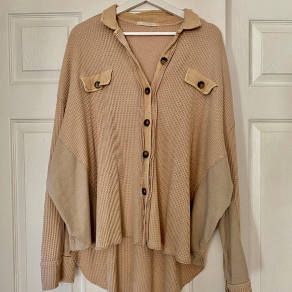 Oversized Waffle Button Up Dusty Pink & Beige - Picture 5 of 13